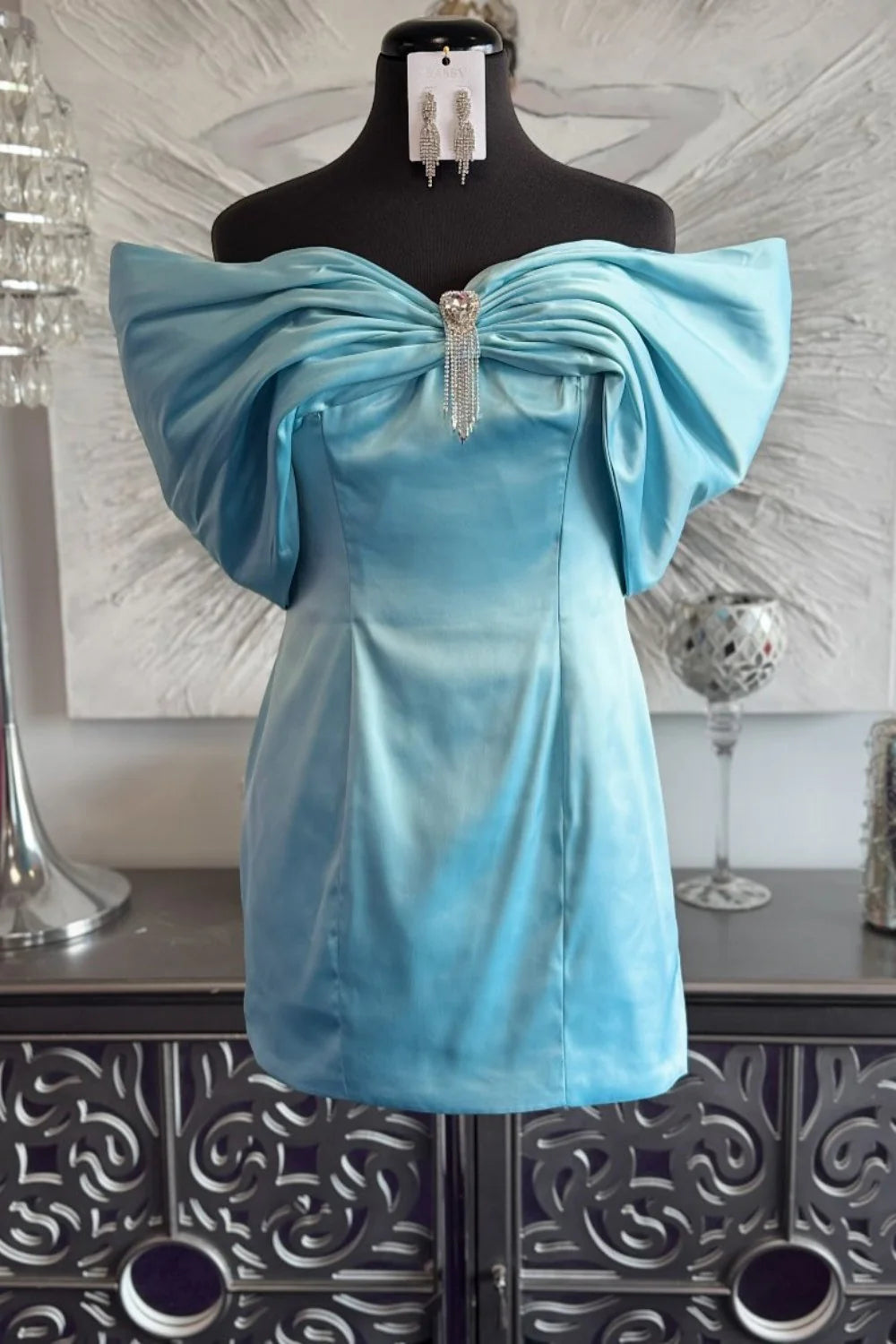 Light Blue Off-the-Shoulder Satin Homecoming Dress With Rhinestone Brooch Detail AS265