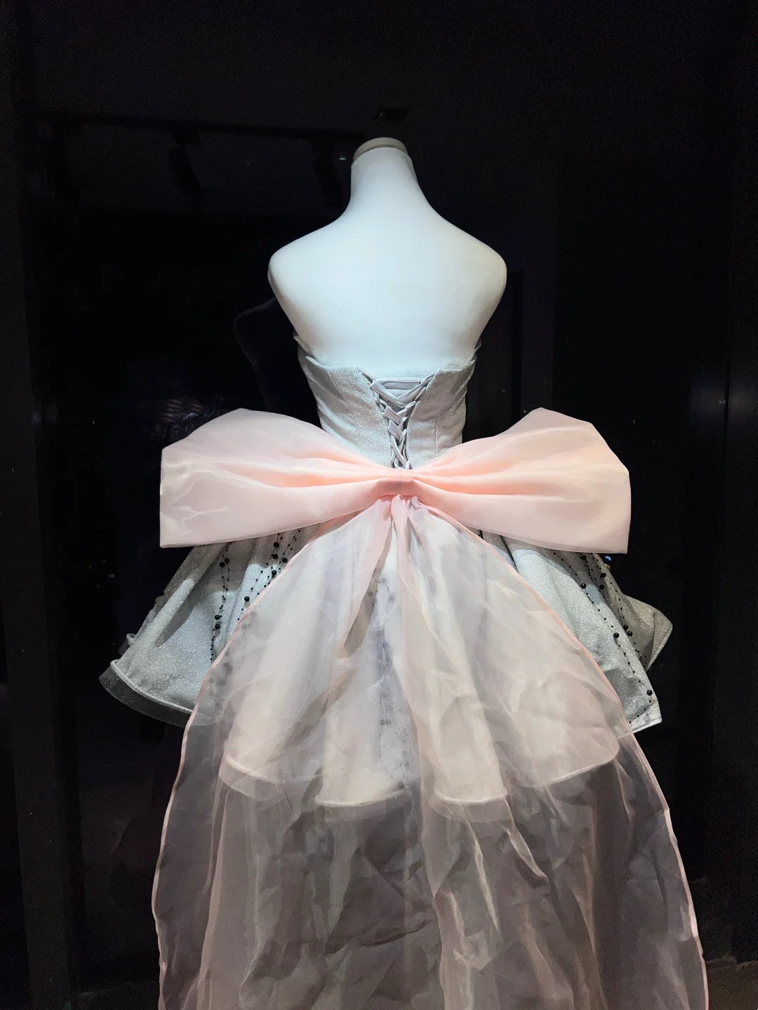 Unique Silver Strapless Glitter A Lline Short Homecoming Dress With Fabric Black Bead String And Large Pink Back Bow AS2650
