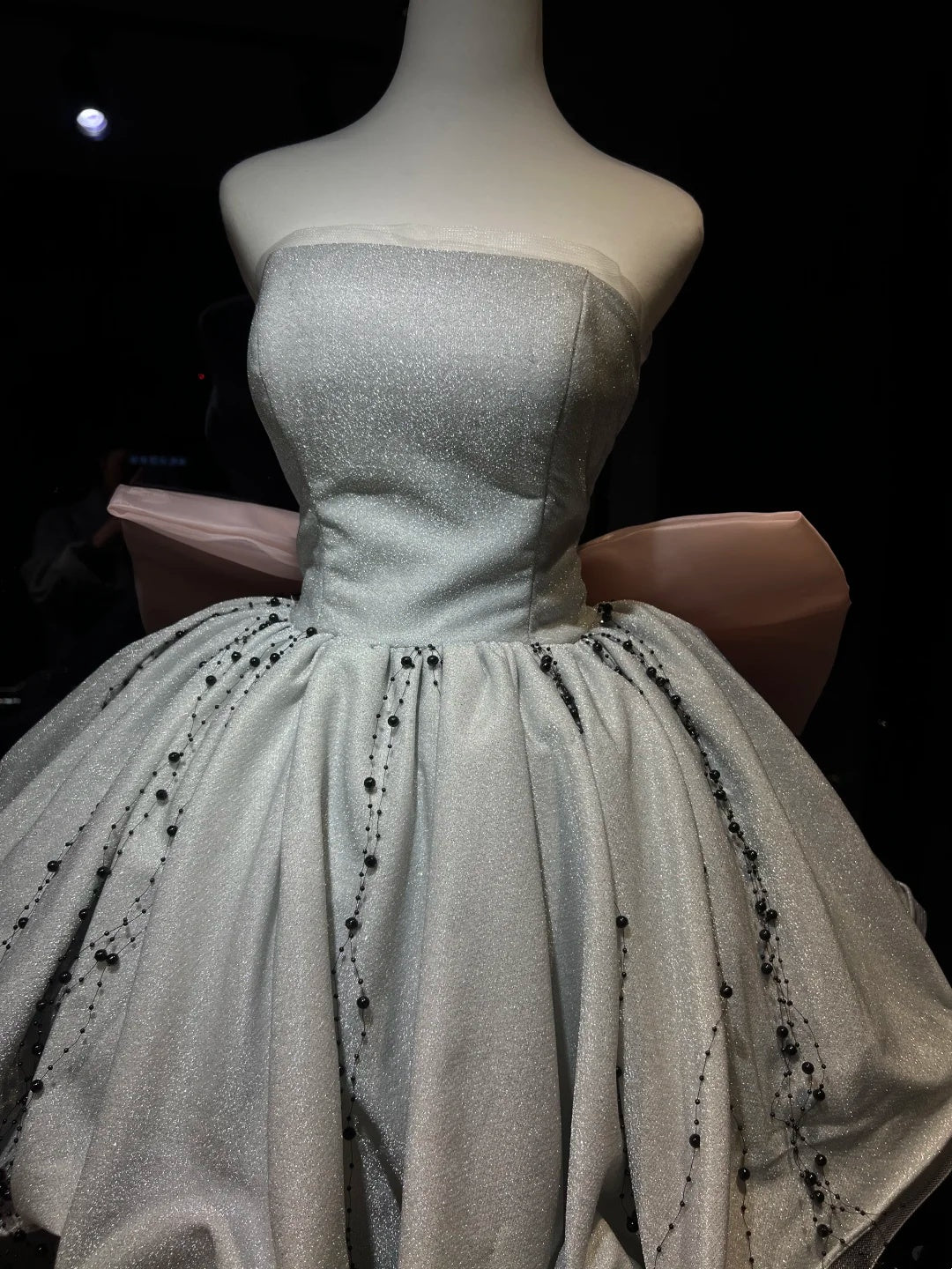 Unique Silver Strapless Glitter A Lline Short Homecoming Dress With Fabric Black Bead String And Large Pink Back Bow AS2650