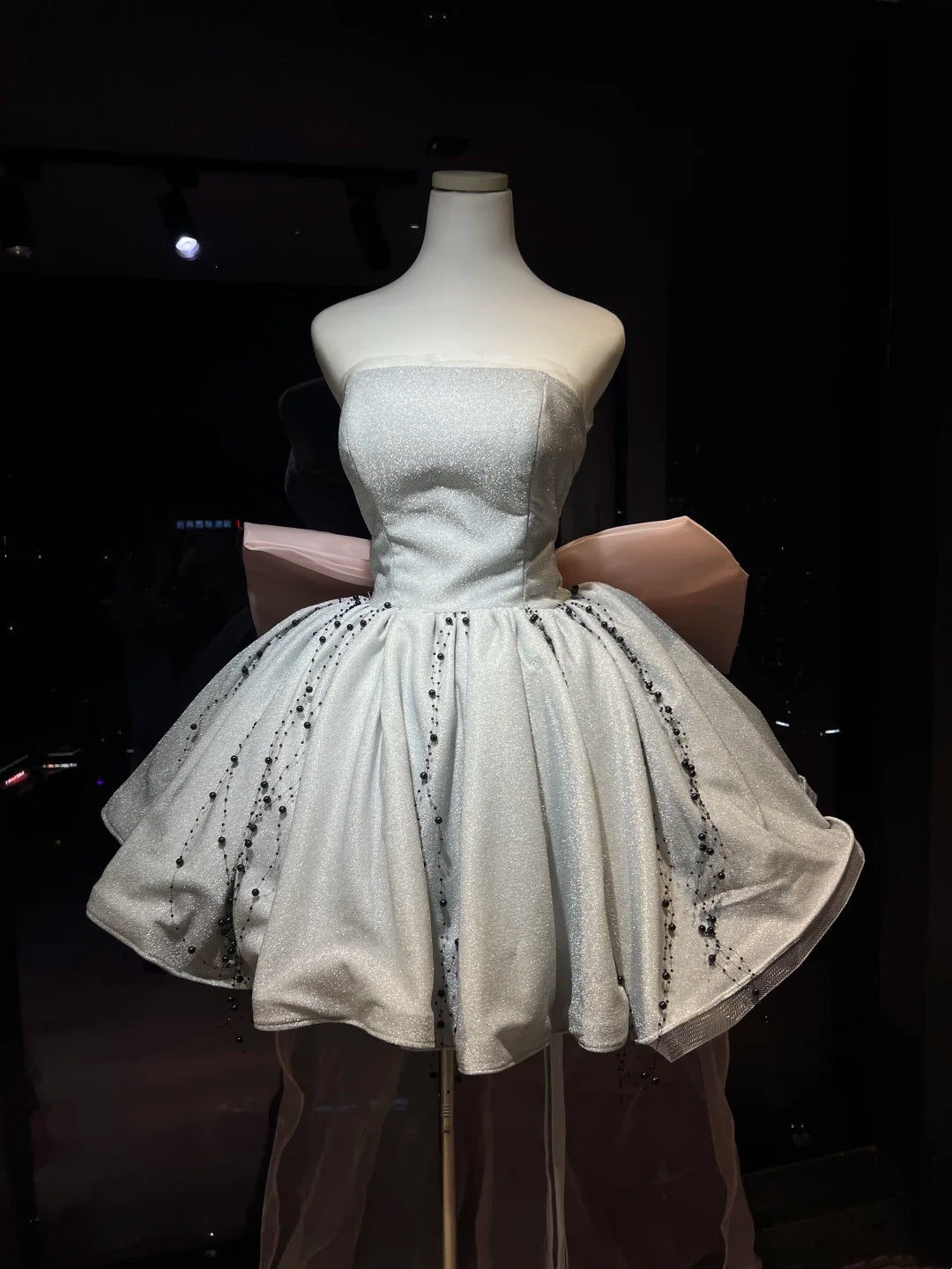 Unique Silver Strapless Glitter A Lline Short Homecoming Dress With Fabric Black Bead String And Large Pink Back Bow AS2650