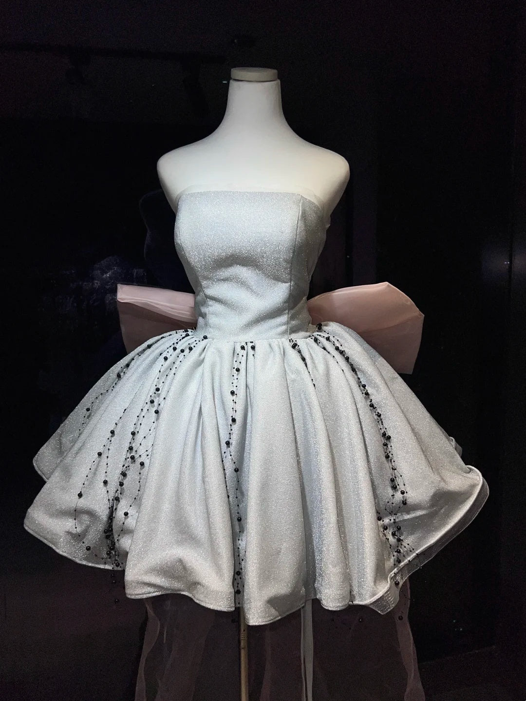 Unique Silver Strapless Glitter A Lline Short Homecoming Dress With Fabric Black Bead String And Large Pink Back Bow AS2650