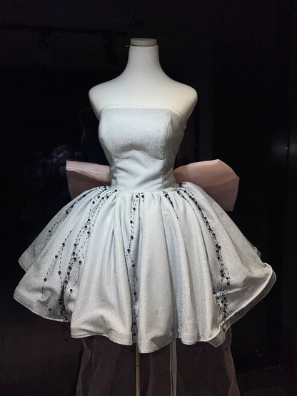 Unique Silver Strapless Glitter A Lline Short Homecoming Dress With Fabric Black Bead String And Large Pink Back Bow AS2650