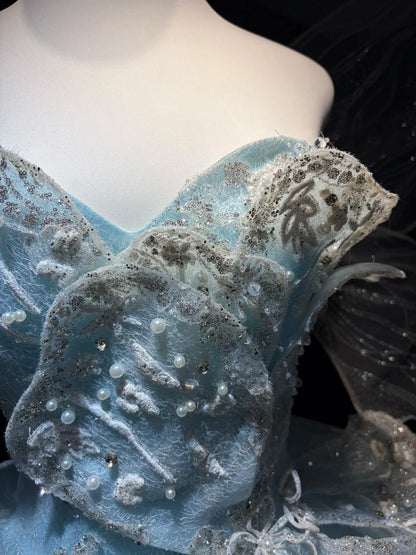 Ethereal Light Blue Strapless Sweetheart 3D Leaf Beaded Tulle A Line Short Homecoming Dress AS2651