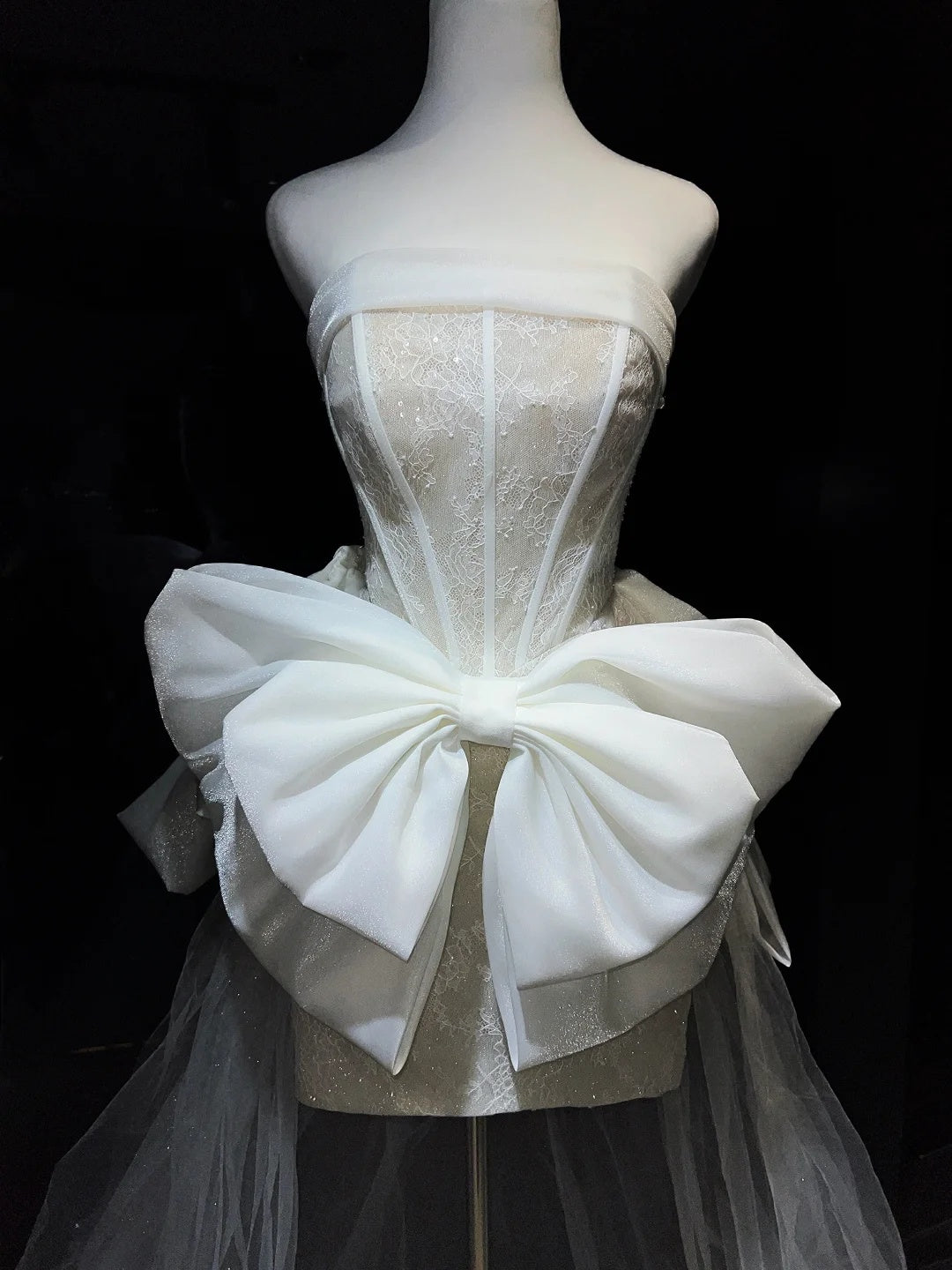 Elegant White Strapless Lace Corset Bodycon Mini Homecoming Dress With Giant Bow & Detachable Tulle Train AS2654