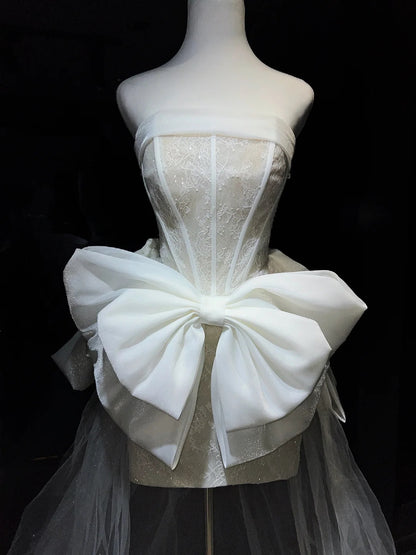 Elegant White Strapless Lace Corset Bodycon Mini Homecoming Dress With Giant Bow & Detachable Tulle Train AS2654
