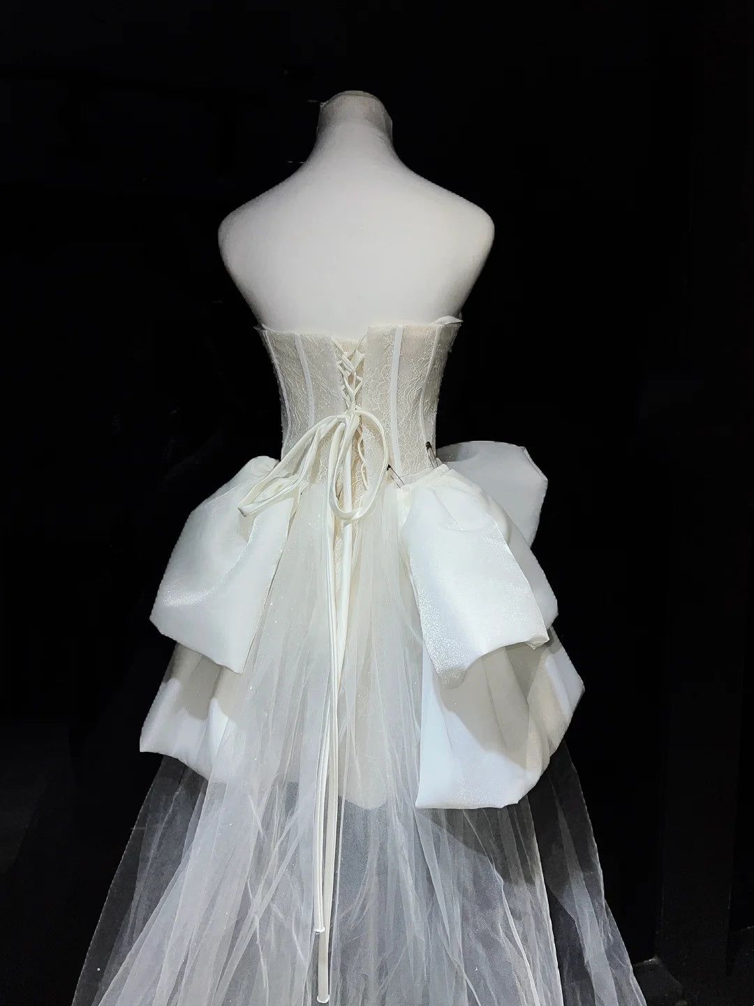 Elegant White Strapless Lace Corset Bodycon Mini Homecoming Dress With Giant Bow & Detachable Tulle Train AS2654