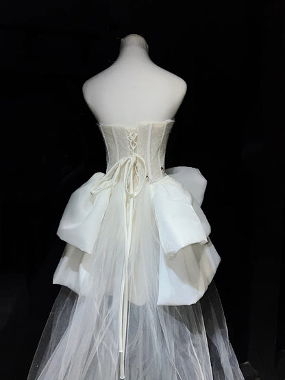 Elegant White Strapless Lace Corset Bodycon Mini Homecoming Dress With Giant Bow & Detachable Tulle Train AS2654
