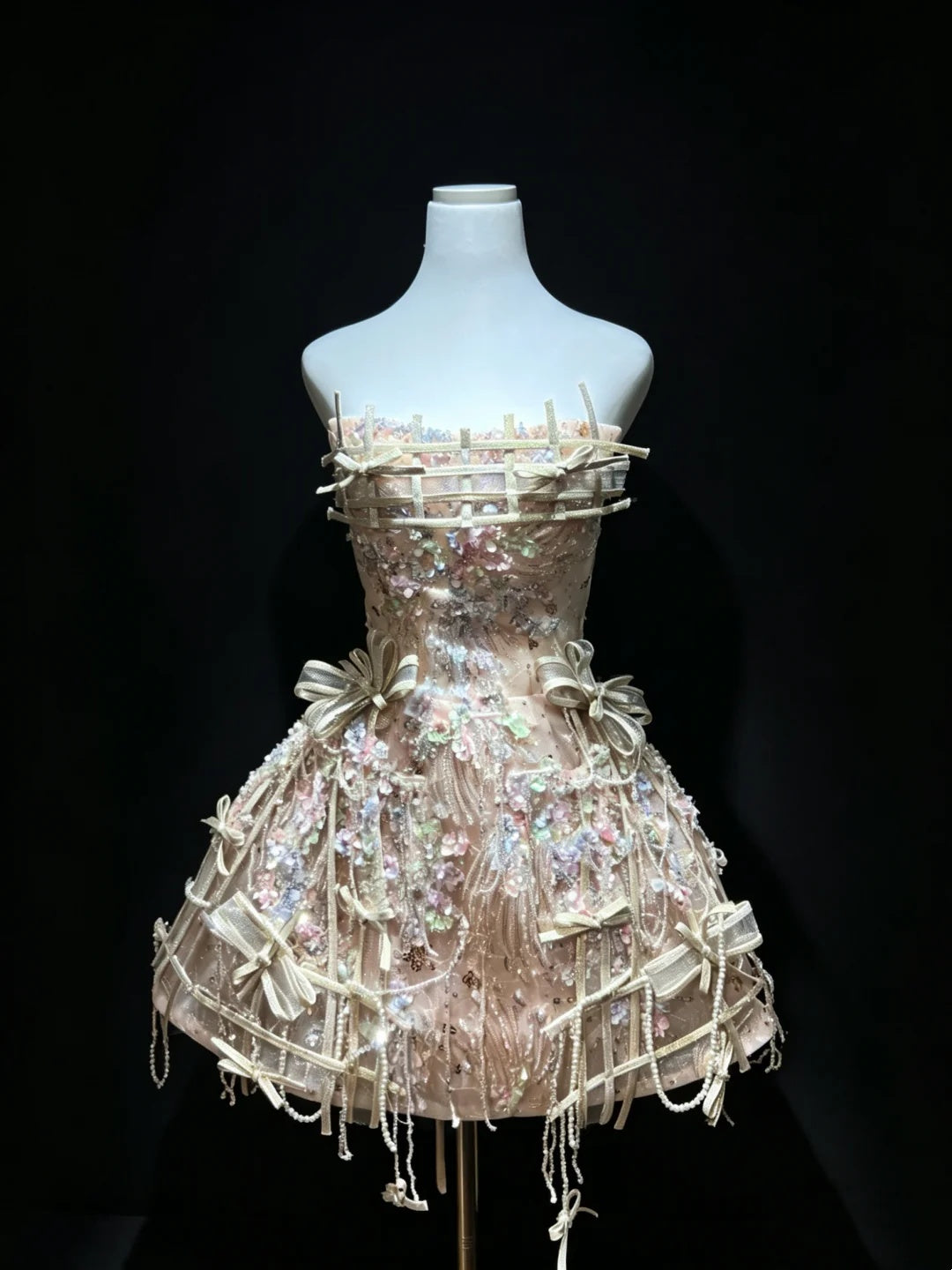 Luxe Champagne Strapless Grid Ribbon Bow Corset 3D Floral Sequin Beaded A Line Short Homecoming Dress With Detachable Giant Bow Train AS2655
