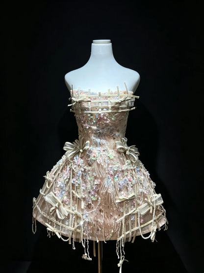 Luxe Champagne Strapless Grid Ribbon Bow Corset 3D Floral Sequin Beaded A Line Short Homecoming Dress With Detachable Giant Bow Train AS2655