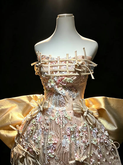 Luxe Champagne Strapless Grid Ribbon Bow Corset 3D Floral Sequin Beaded A Line Short Homecoming Dress With Detachable Giant Bow Train AS2655