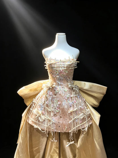 Luxe Champagne Strapless Grid Ribbon Bow Corset 3D Floral Sequin Beaded A Line Short Homecoming Dress With Detachable Giant Bow Train AS2655