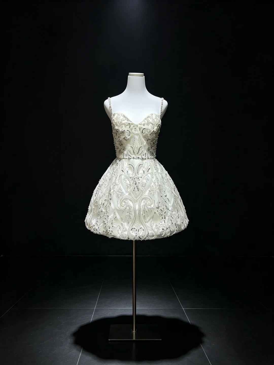 Luxurious Ivory Spaghetti Straps Sweetheart Sequin Beaded Lace A Line Short Homecoming Dress With Detachable Giant Back Bow & Tulle Train AS2656