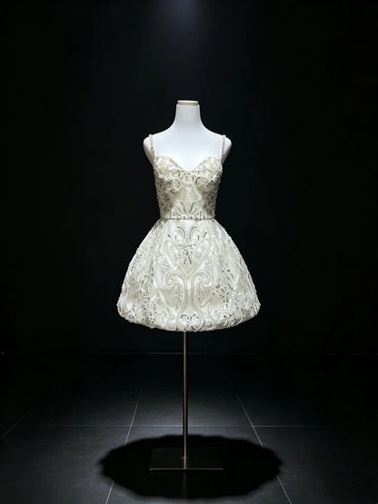 Luxurious Ivory Spaghetti Straps Sweetheart Sequin Beaded Lace A Line Short Homecoming Dress With Detachable Giant Back Bow & Tulle Train AS2656