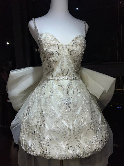 Luxurious Ivory Spaghetti Straps Sweetheart Sequin Beaded Lace A Line Short Homecoming Dress With Detachable Giant Back Bow & Tulle Train AS2656