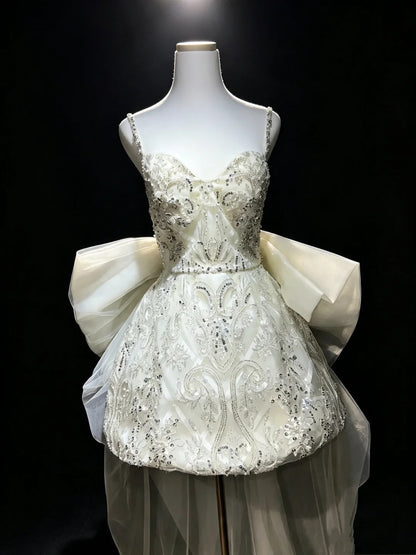 Luxurious Ivory Spaghetti Straps Sweetheart Sequin Beaded Lace A Line Short Homecoming Dress With Detachable Giant Back Bow & Tulle Train AS2656