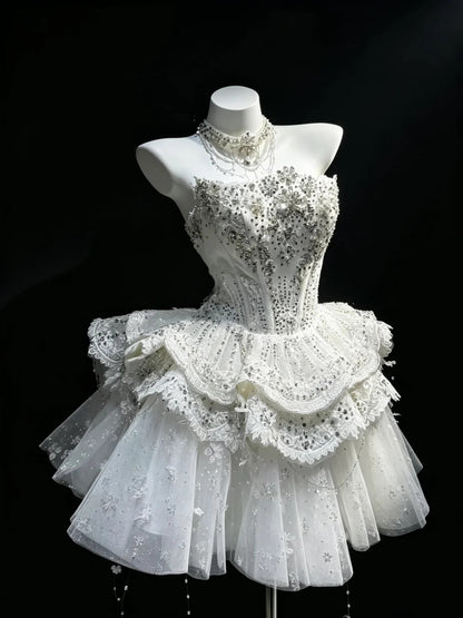 Luxurious White Strapless Rhinestone Beaded Corset Multi Layer Ruffle Tulle Floral Appliques A Line Short Homecoming Dress With Detachable Glitter Tulle Train AS2657