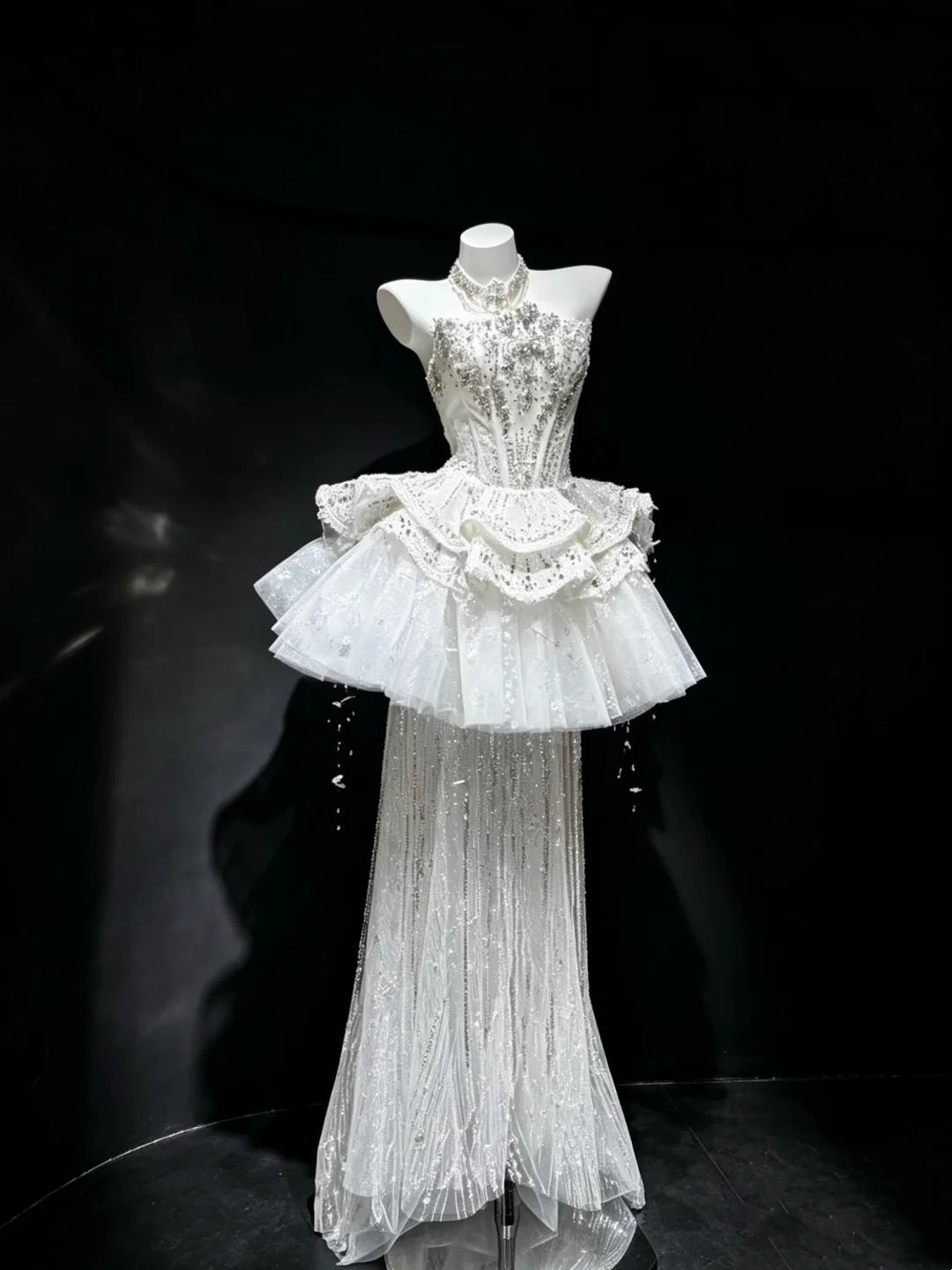 Luxurious White Strapless Rhinestone Beaded Corset Multi Layer Ruffle Tulle Floral Appliques A Line Short Homecoming Dress With Detachable Glitter Tulle Train AS2657