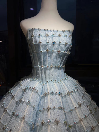 Dreamy Light Blue Strapless Corset Rhinestone Grid Sequin Puffy Tulle A Line Short Homecoming Dress AS2658