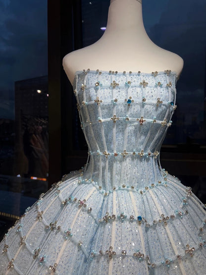Dreamy Light Blue Strapless Corset Rhinestone Grid Sequin Puffy Tulle A Line Short Homecoming Dress AS2658