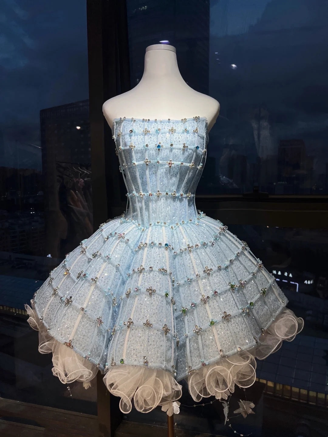 Dreamy Light Blue Strapless Corset Rhinestone Grid Sequin Puffy Tulle A Line Short Homecoming Dress AS2658