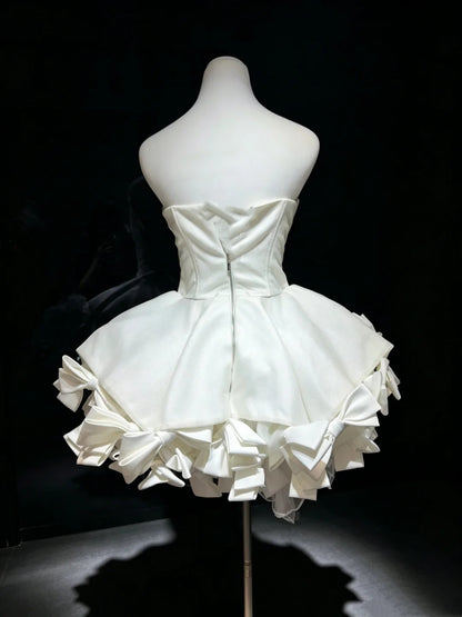 Elegant White Strapless Glitter A Line Bow Ruffled Short Homecoming Dress AS2659