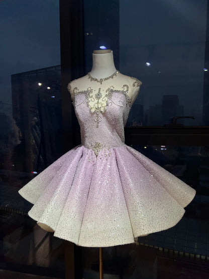 Dreamy Dusty Lavender Illusion Round Neck Rhinestone Beaded Gradient Glitter Puffy A Line Short Homecoming Dress AS2660