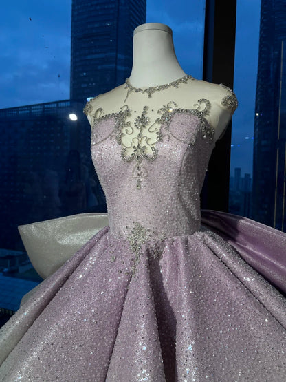 Dreamy Dusty Lavender Illusion Round Neck Rhinestone Beaded Gradient Glitter Puffy A Line Short Homecoming Dress AS2660