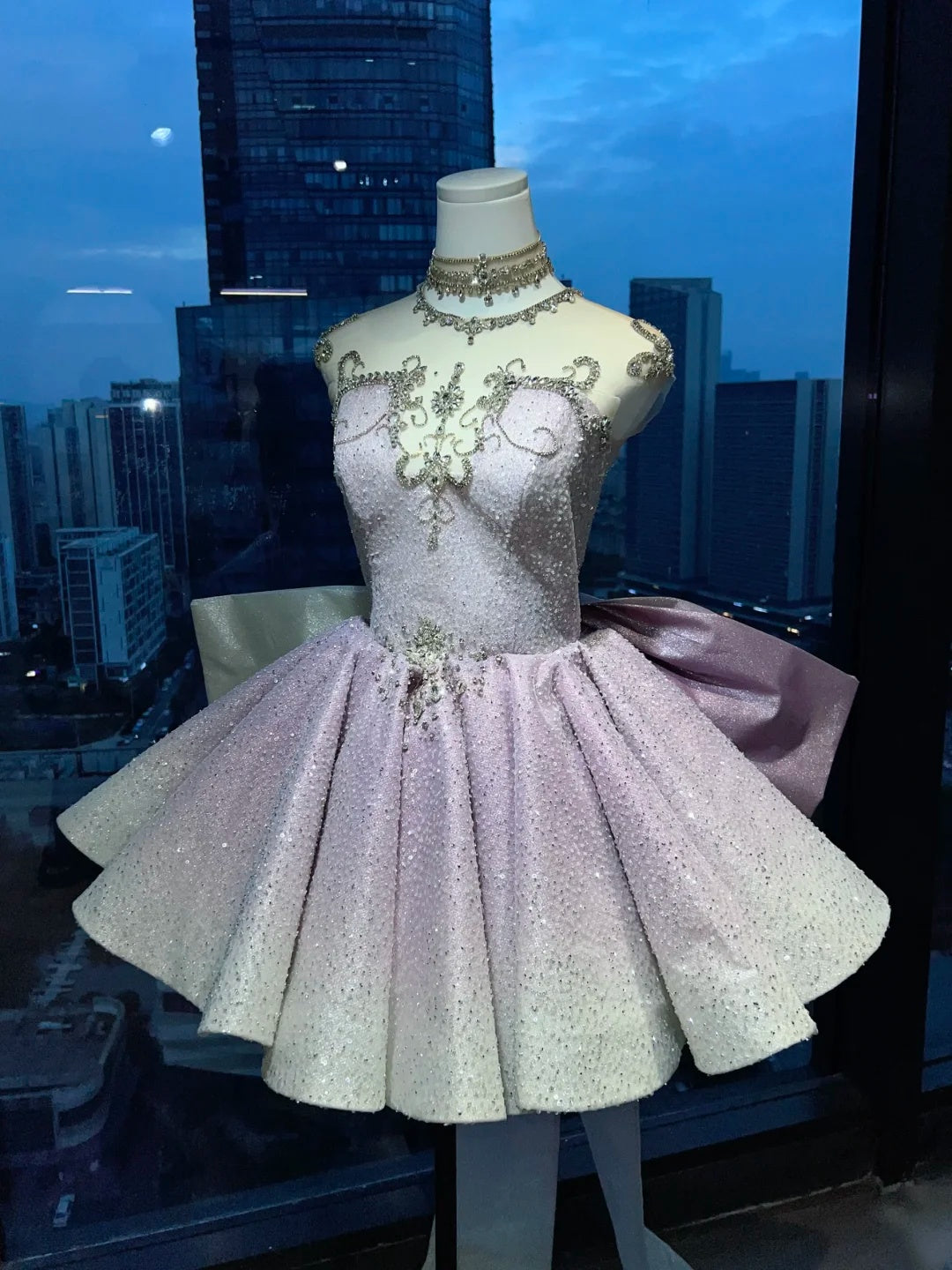 Dreamy Dusty Lavender Illusion Round Neck Rhinestone Beaded Gradient Glitter Puffy A Line Short Homecoming Dress AS2660