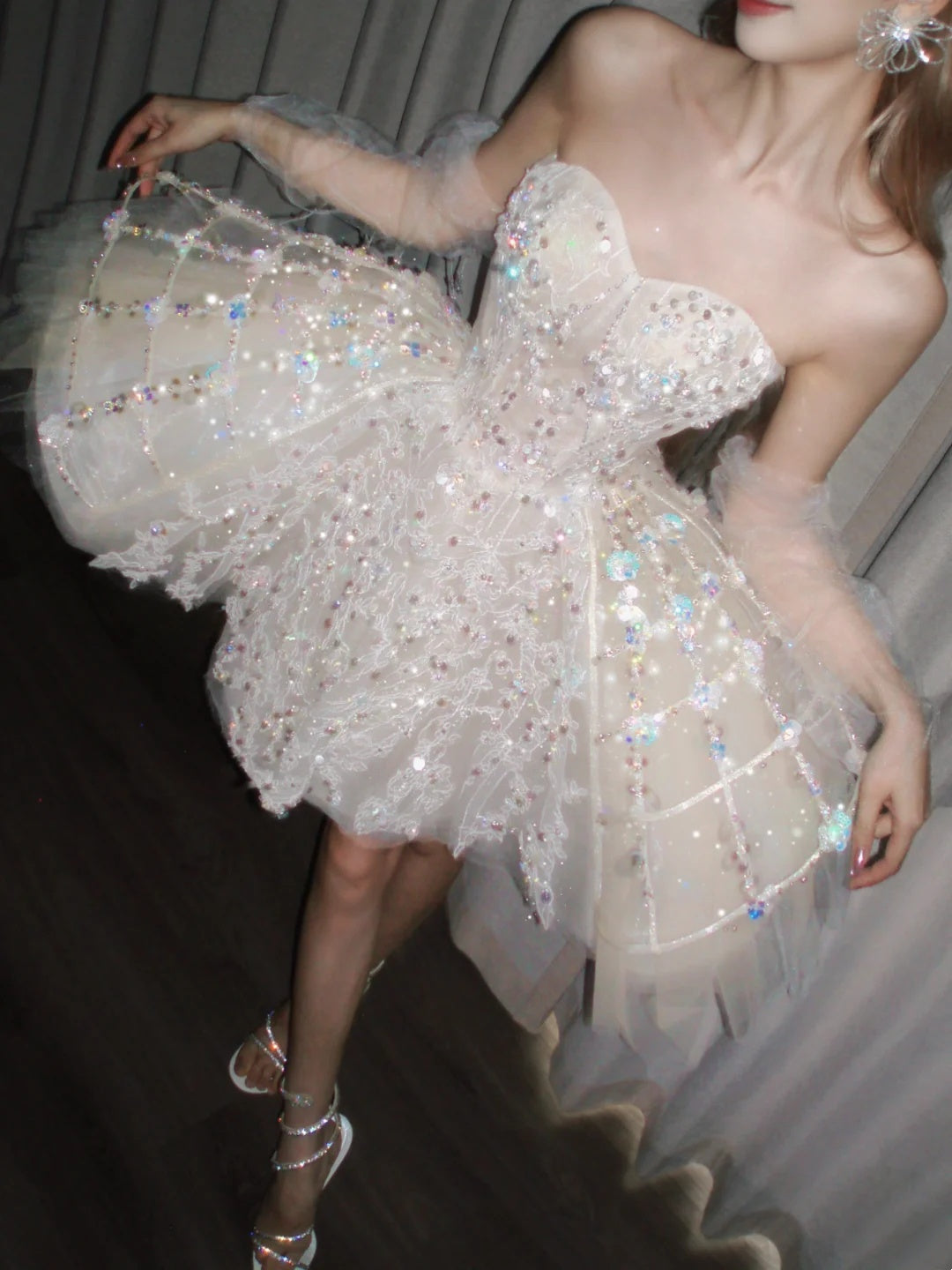 Sparkly Ivory Strapless Sweetheart Rhinestone Sequin Lace Beaded A Line Tulle Short Homecoming Dress AS2661