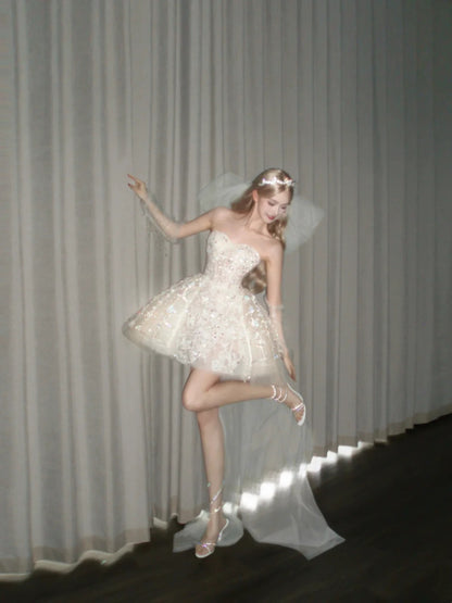 Sparkly Ivory Strapless Sweetheart Rhinestone Sequin Lace Beaded A Line Tulle Short Homecoming Dress AS2661