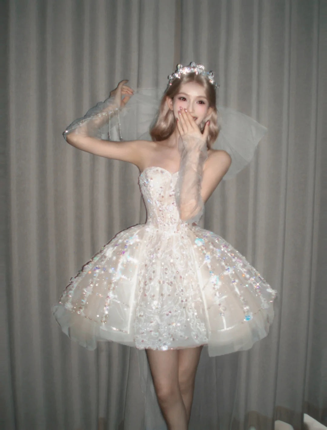 Sparkly Ivory Strapless Sweetheart Rhinestone Sequin Lace Beaded A Line Tulle Short Homecoming Dress AS2661