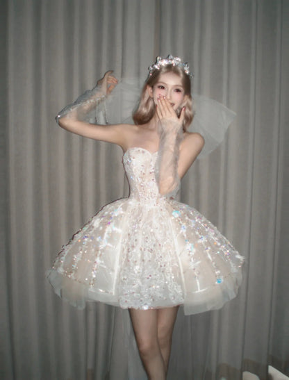 Sparkly Ivory Strapless Sweetheart Rhinestone Sequin Lace Beaded A Line Tulle Short Homecoming Dress AS2661