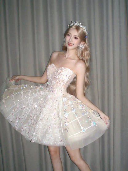 Sparkly Ivory Strapless Sweetheart Rhinestone Sequin Lace Beaded A Line Tulle Short Homecoming Dress AS2661
