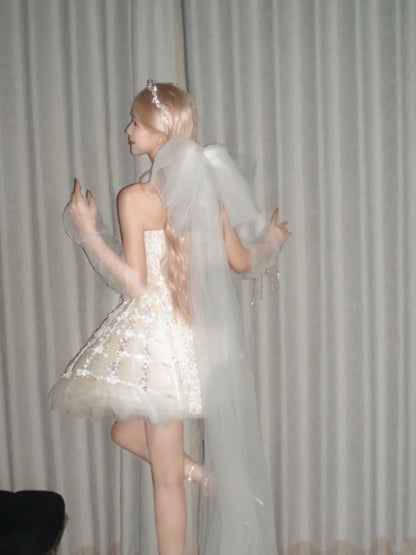 Sparkly Ivory Strapless Sweetheart Rhinestone Sequin Lace Beaded A Line Tulle Short Homecoming Dress AS2661
