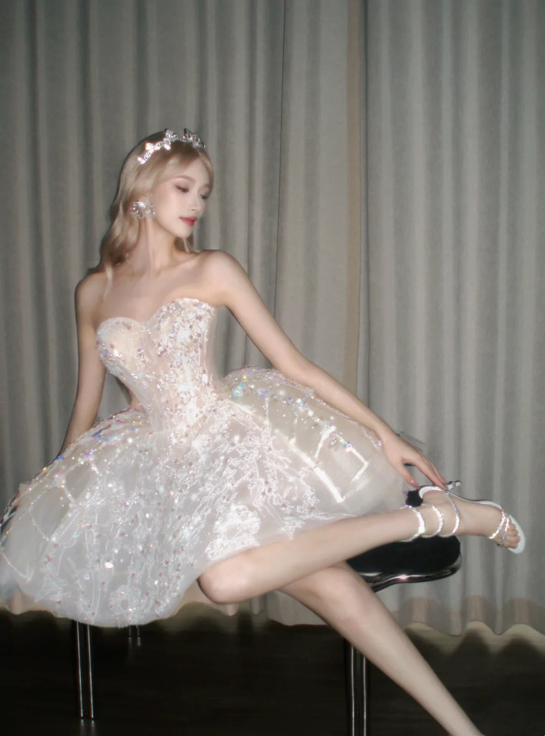 Sparkly Ivory Strapless Sweetheart Rhinestone Sequin Lace Beaded A Line Tulle Short Homecoming Dress AS2661