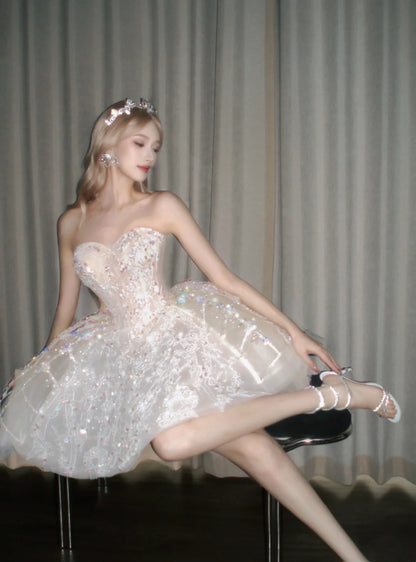 Sparkly Ivory Strapless Sweetheart Rhinestone Sequin Lace Beaded A Line Tulle Short Homecoming Dress AS2661