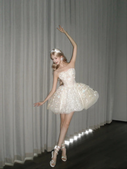 Sparkly Ivory Strapless Sweetheart Rhinestone Sequin Lace Beaded A Line Tulle Short Homecoming Dress AS2661