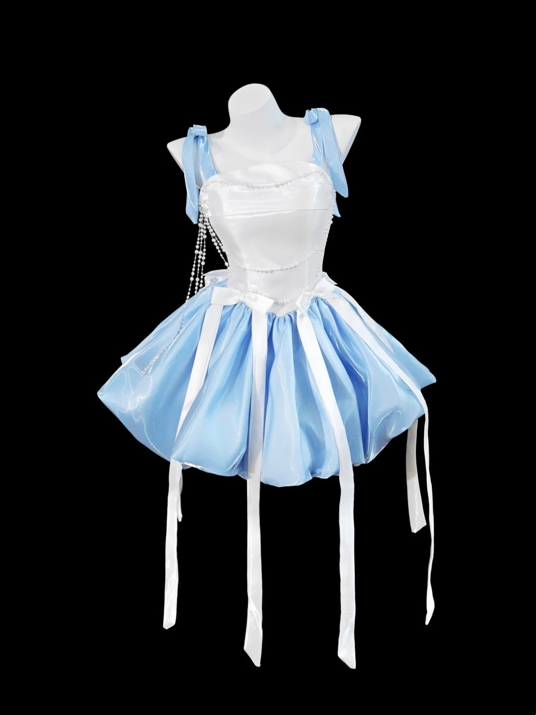 Chic Blue White Satin Strap Bow Pearl Chain Puffy Bubble A Line Short Homecoming Dress AS2662