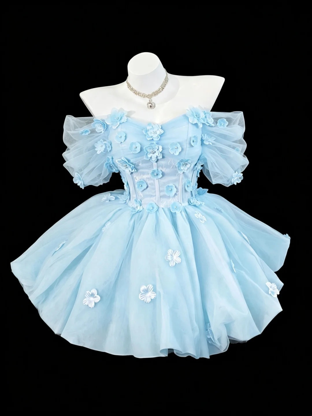 Whimsical Light Blue Off The Shoulder 3D Floral Appliques A Line Tulle Short Homecoming Dress AS2663