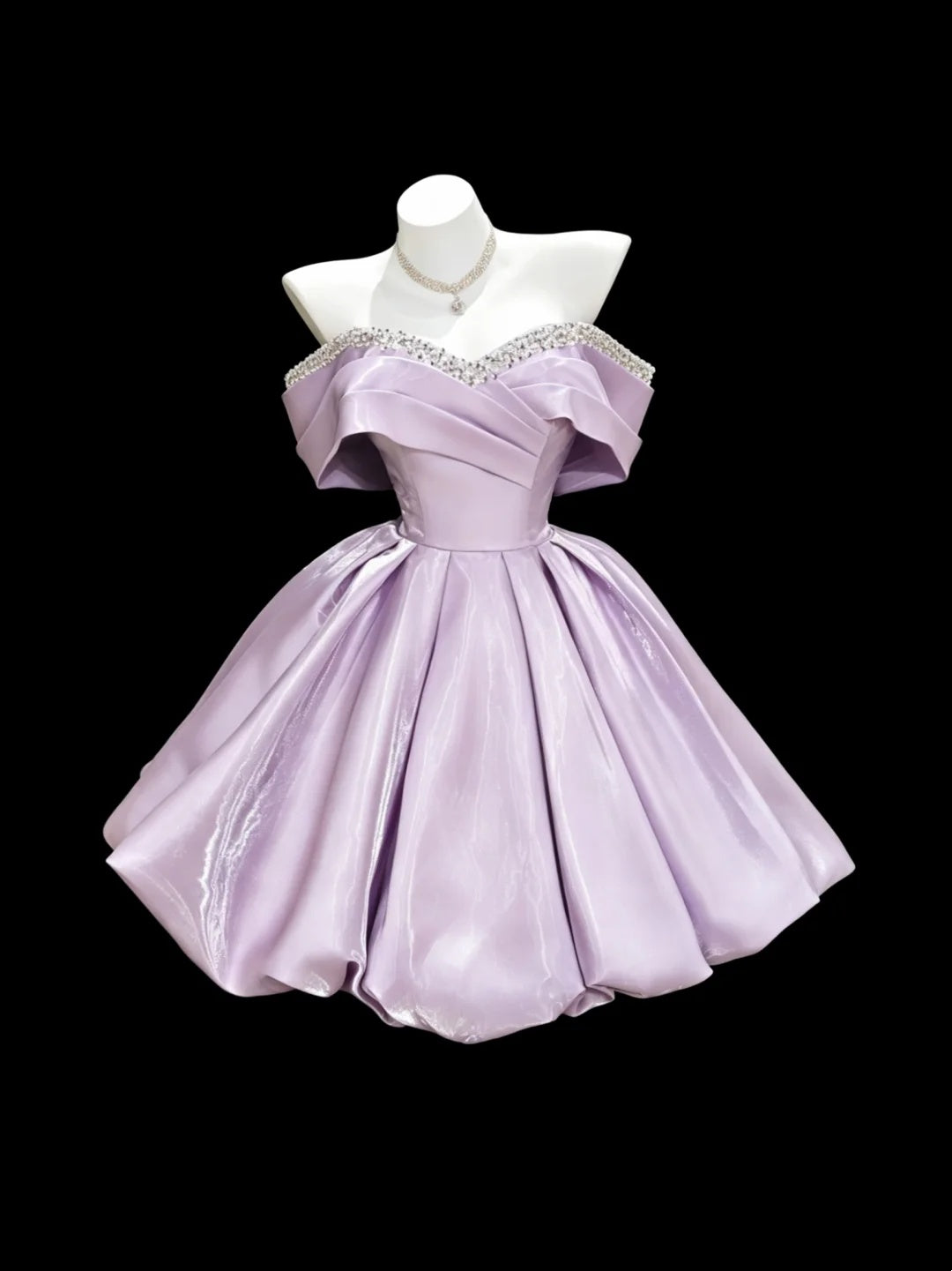 Glam Lavender Off The Shoulder Fold Satin Rhinestone Trim A Line Bubble Short Homecoming Dress AS2668