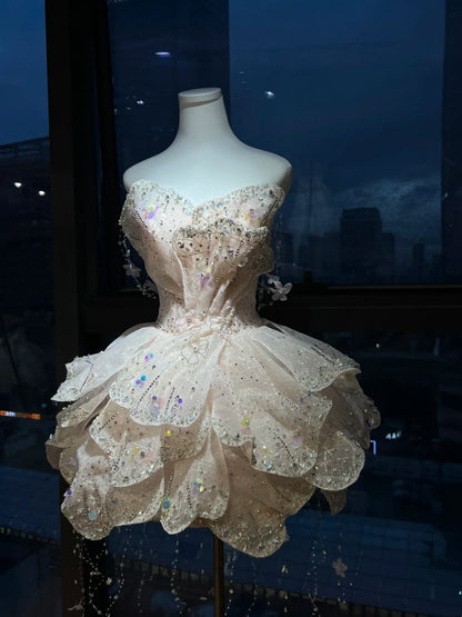 Dreamy Blush Pink Strapless Sequin Beaded Floral Appliques A Line Tulle Short Homecoming Dress AS2669