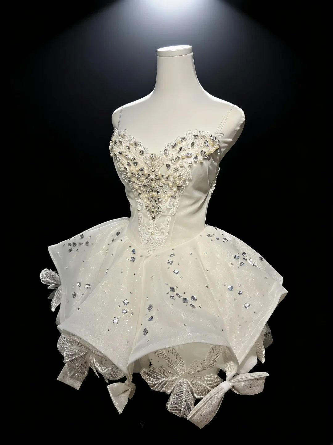 Luxe Ivory Spaghetti Straps Sweetheart Neck Rhinestone Pearl Beaded Glitter Floral Bow Skirt A Line Short Homecoming Dress AS2670