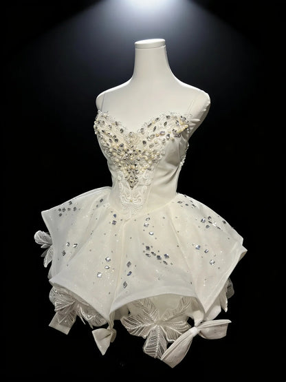 Luxe Ivory Spaghetti Straps Sweetheart Neck Rhinestone Pearl Beaded Glitter Floral Bow Skirt A Line Short Homecoming Dress AS2670