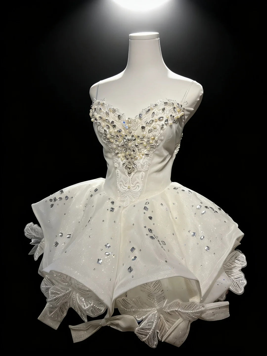Luxe Ivory Spaghetti Straps Sweetheart Neck Rhinestone Pearl Beaded Glitter Floral Bow Skirt A Line Short Homecoming Dress AS2670