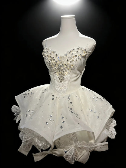 Luxe Ivory Spaghetti Straps Sweetheart Neck Rhinestone Pearl Beaded Glitter Floral Bow Skirt A Line Short Homecoming Dress AS2670