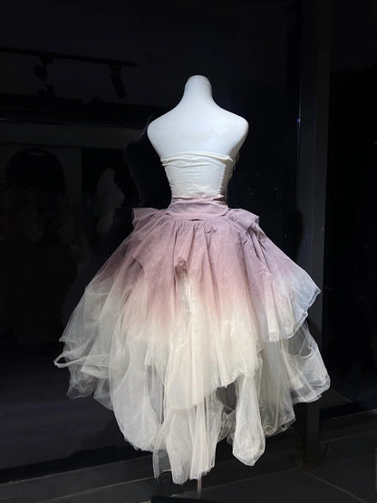 Dreamy Dusty Purple Ombre Strapless 3D Rose Floral Asymmetrical Ruffled Tulle A Line Midi Homecoming Dress AS2671