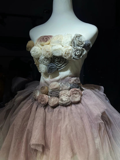 Dreamy Dusty Purple Ombre Strapless 3D Rose Floral Asymmetrical Ruffled Tulle A Line Midi Homecoming Dress AS2671