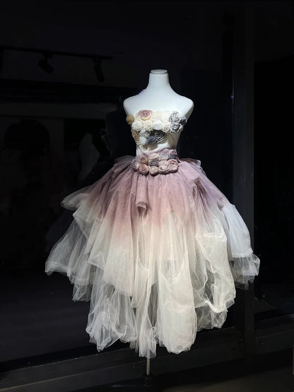 Dreamy Dusty Purple Ombre Strapless 3D Rose Floral Asymmetrical Ruffled Tulle A Line Midi Homecoming Dress AS2671
