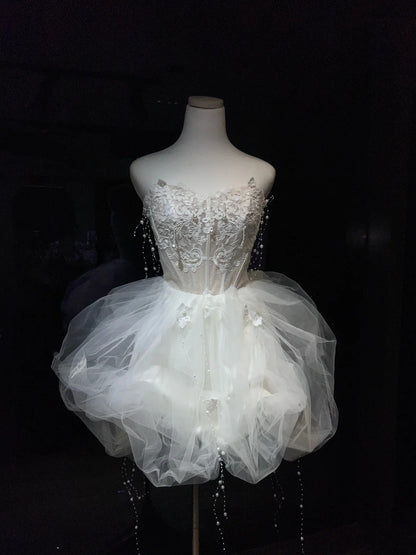 Luxe Ivory Strapless Sweetheart Lace Corset Pearl Beaded Chain Floral Appliques Detachable Two-Piece A-Line Homecoming Dress AS2672