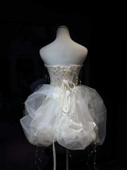 Luxe Ivory Strapless Sweetheart Lace Corset Pearl Beaded Chain Floral Appliques Detachable Two-Piece A-Line Homecoming Dress AS2672